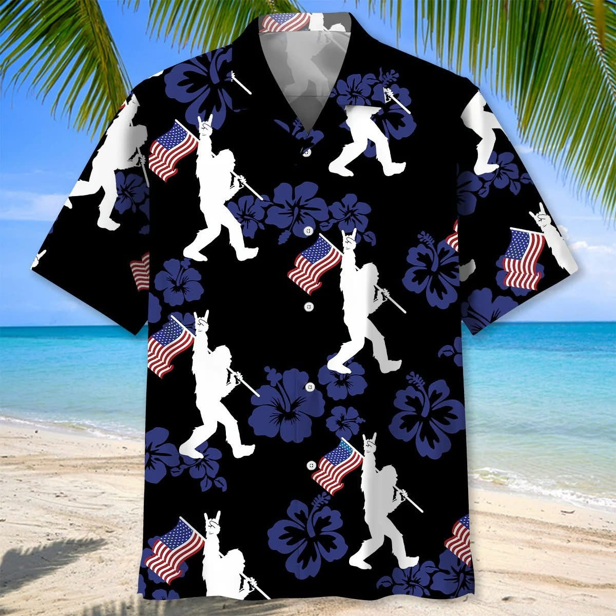 Bigfoot American Flag Hawaiian Shirt Tropical Sasquatch Aloha Shirt Summer Apparel