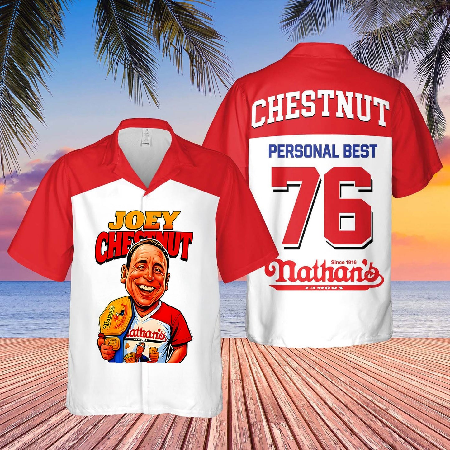 Joey Chestnut Hawaiian Shirt Hot Dog Eating Contest 2025 Personal Best 76 Eater Champion