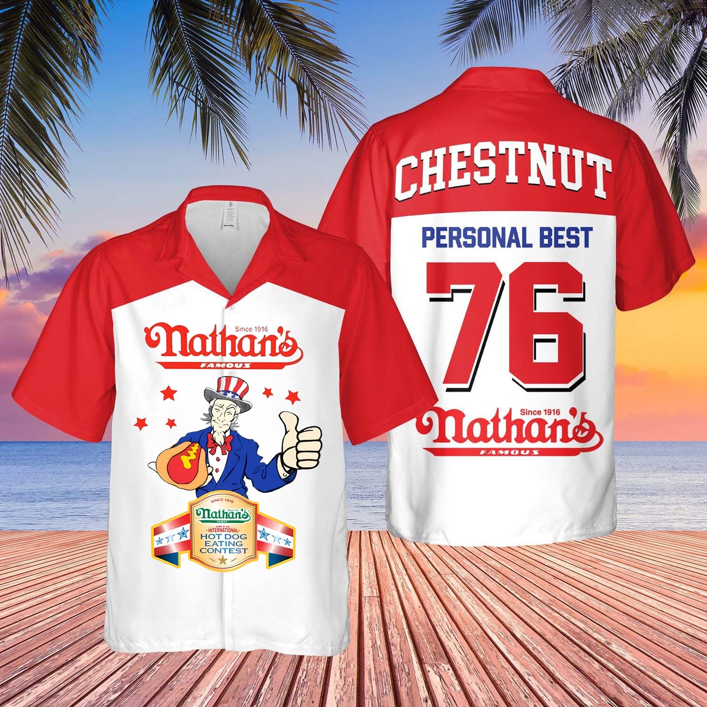 Joey Chestnut Hawaiian Shirt Nathan's Hot Dog Eating Contest 2025 Personal Best 76 Merch
