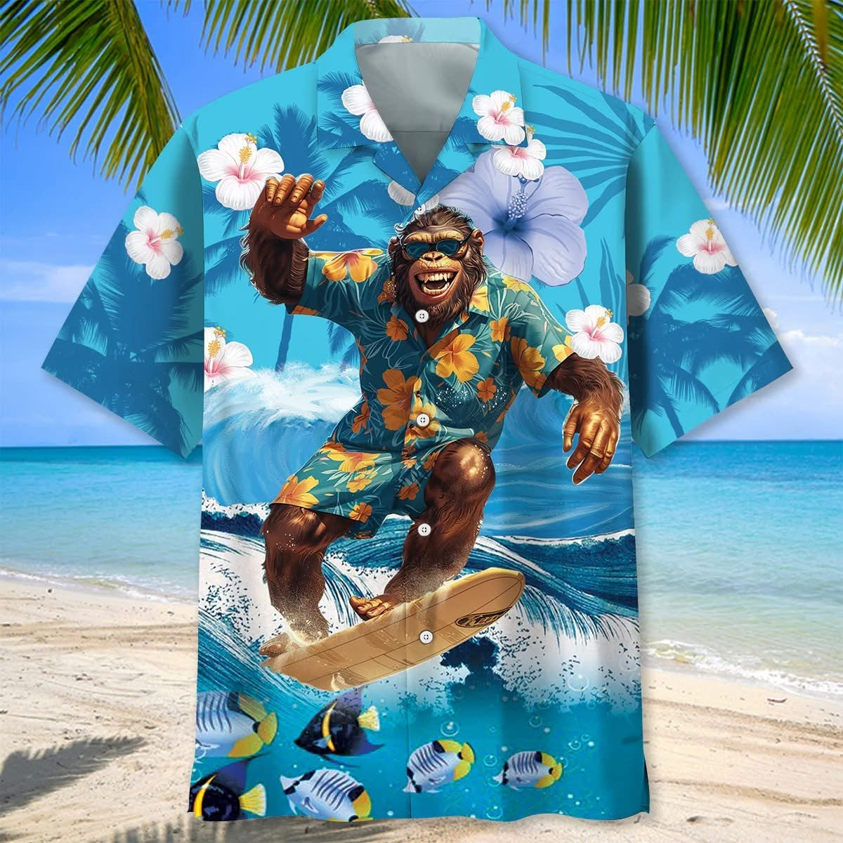 Bigfoot Surfing Hibiscus Hawaiian Shirt Funny Sasquatch Aloha Shirt Beach Summer Gifts
