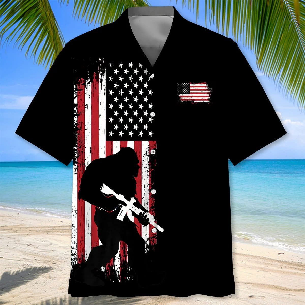 Bigfoot With Gun American Flag Hawaiian Shirt Funny Sasquatch Aloha Shirt Best Gifts