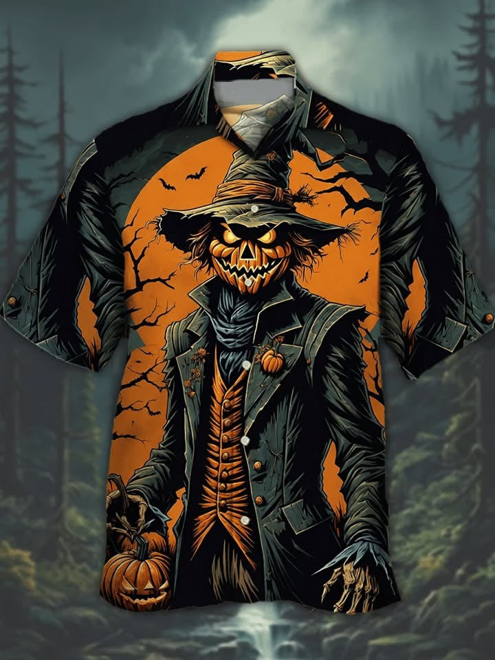 Pumpkin Scarecrow Halloween Hawaiian Shirt Men's Spooky Halloween Apparel Themed Gifts