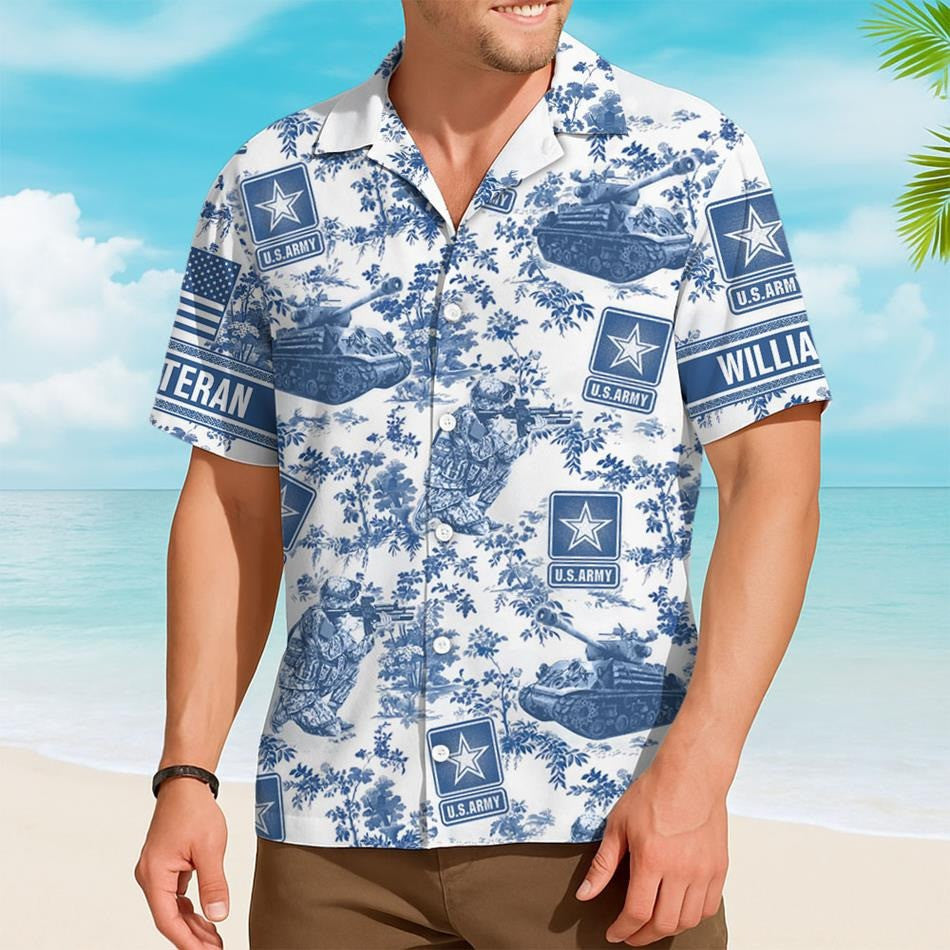 Custom US Army Hawaiian Shirt Blue Toile De Jouy Pattern Military Gift For Veteran Summer
