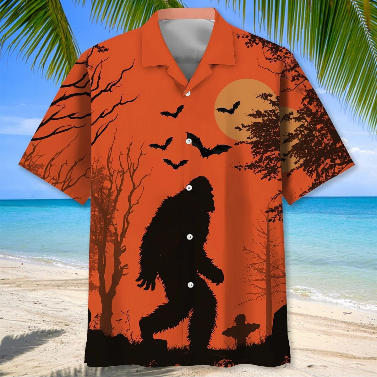 Bigfoot Halloween Hawaiian Shirt Spooky Moon Bigfoot Button Up Shirt Halloween Gifts Ideas