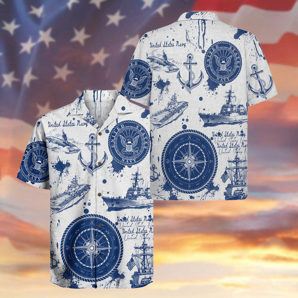 United States Navy Veteran Hawaiian Shirt Compass And Anchor Aloha Shirt Gifts For Patriots