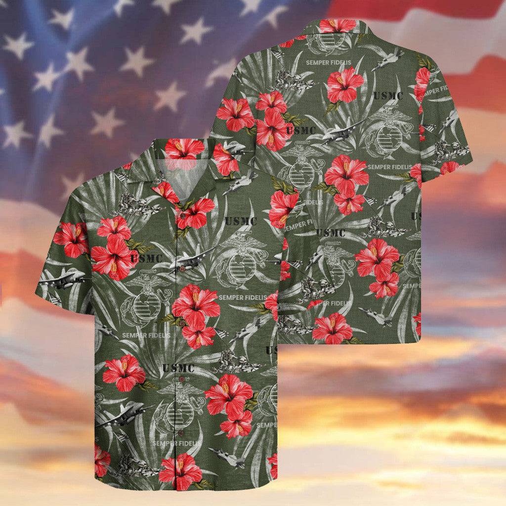 US Marine Veteran Hawaiian Shirt Semper Fidelis Hibiscus Aloha Shirt Independence Day Gifts