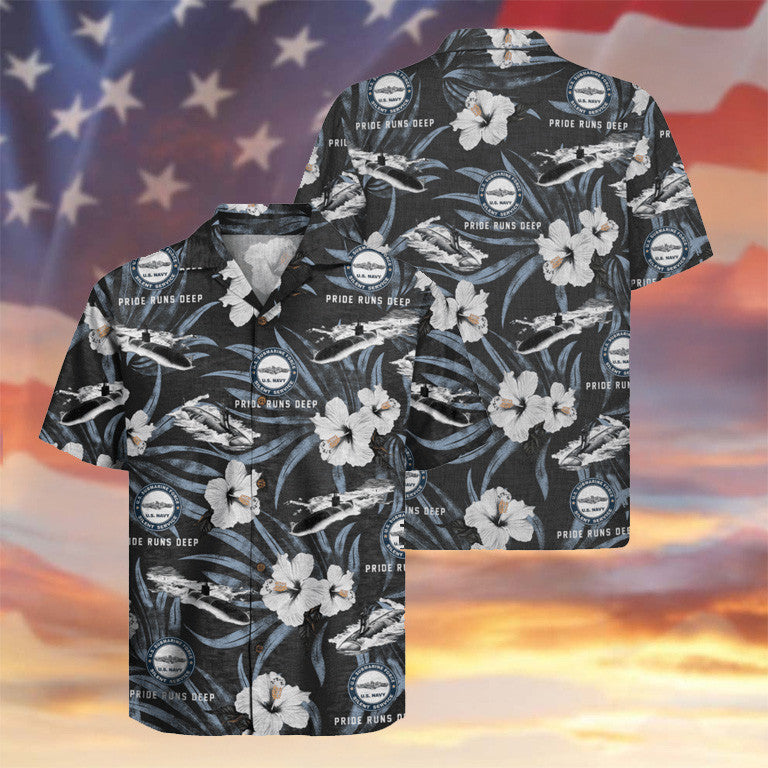 US Navy Submarine Hawaiian Shirt Pride Runs Deep Tropical Apparel Navy Veteran Gift Ideas