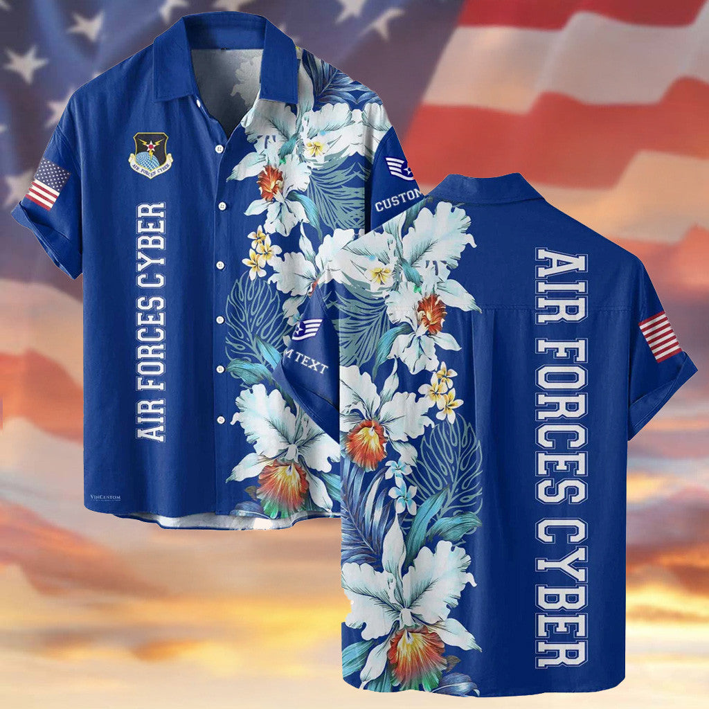 Customized US Air Force Cyber Hawaiian Shirt Tropical Floral Button Up Shirt Air Force Gifts