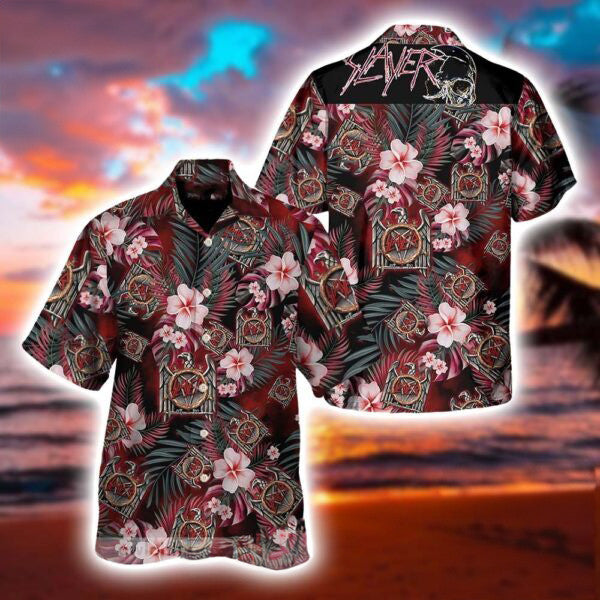 Slayer Merch Eagle Logo Tropical Pattern Summer Hawaiian Shirt Rock Band Clothes Gifts For Fan