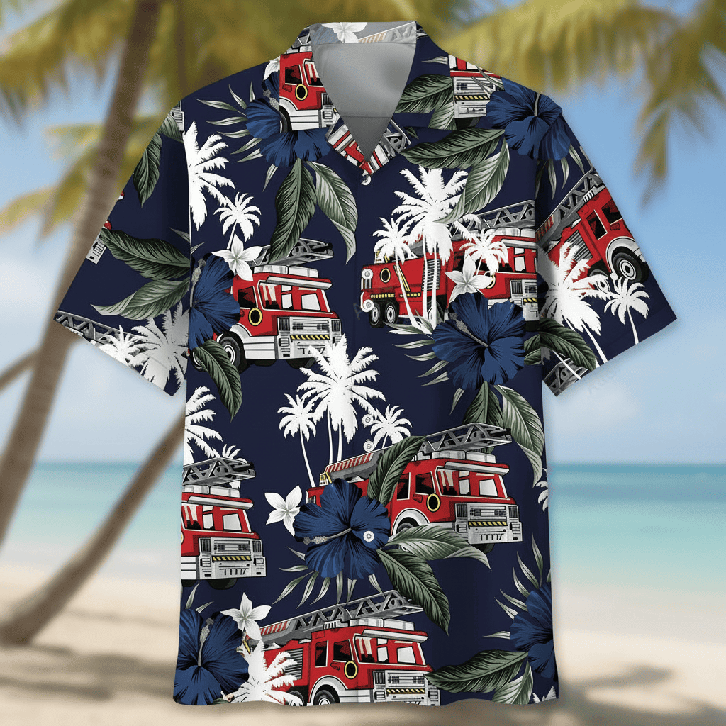 Firefighter Truck Hibiscus Hawaiian Shirt Holiday Clothing Cool Gifts For Firefighter