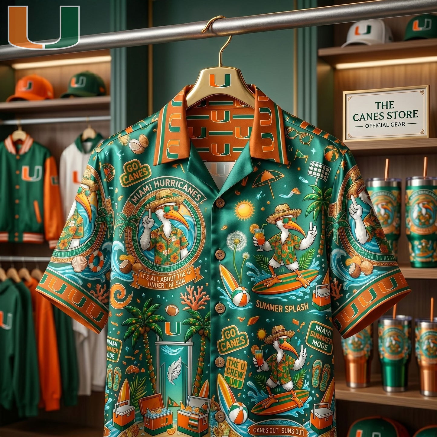 Miami Hurricanes Sebastian Mascot Tropical Beach Summer Hawaiian Shirt Go Canes Aloha Shirt