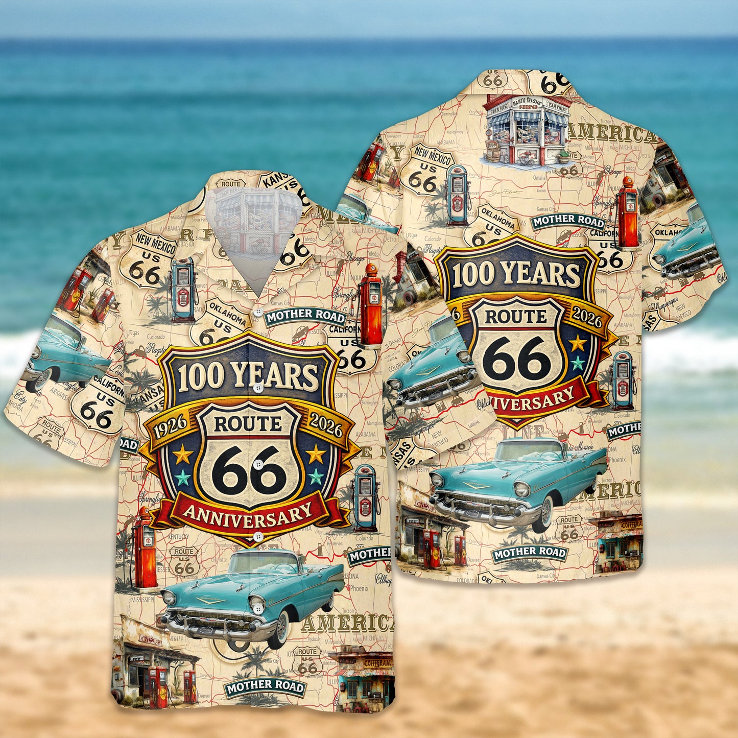 Custom Car Photo Route 66 100 Years Anniversary 1926 2026 Hawaiian Shirt Mother Road Apparel
