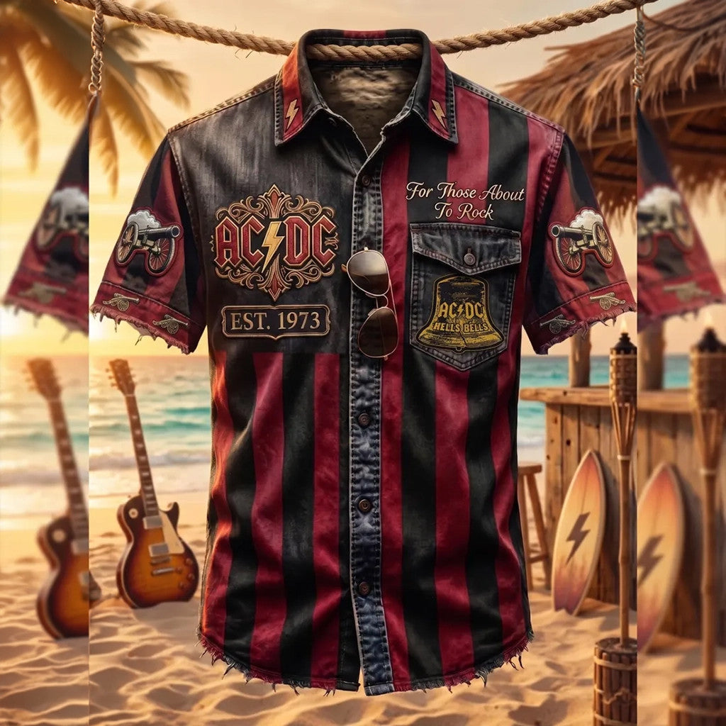 AC DC Hells Bells For Those About To Rock Striped Hawaiian Shirt AC DC Rock Band Merch Fan Gift