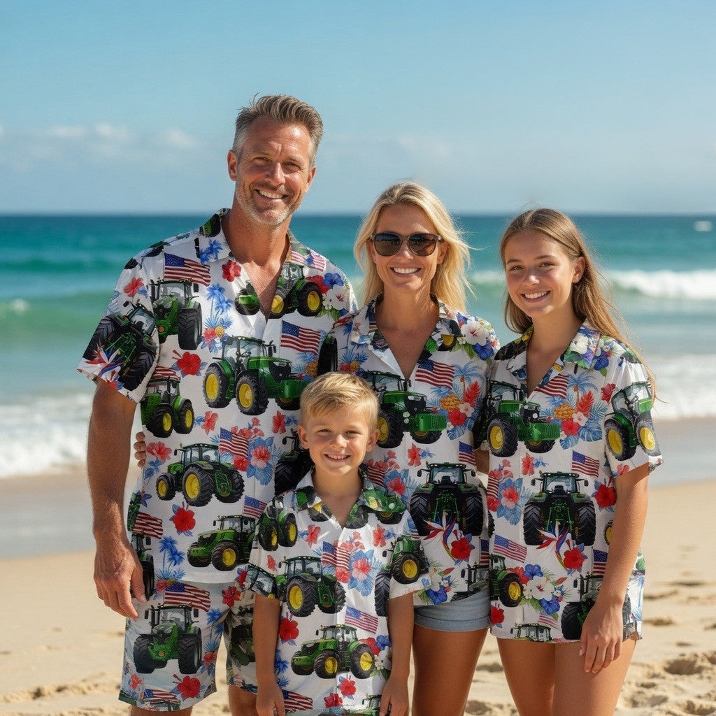 Patriotic American Flag Green Farm Tractor Hawaiian Shirt Best 4th Of July Outfits