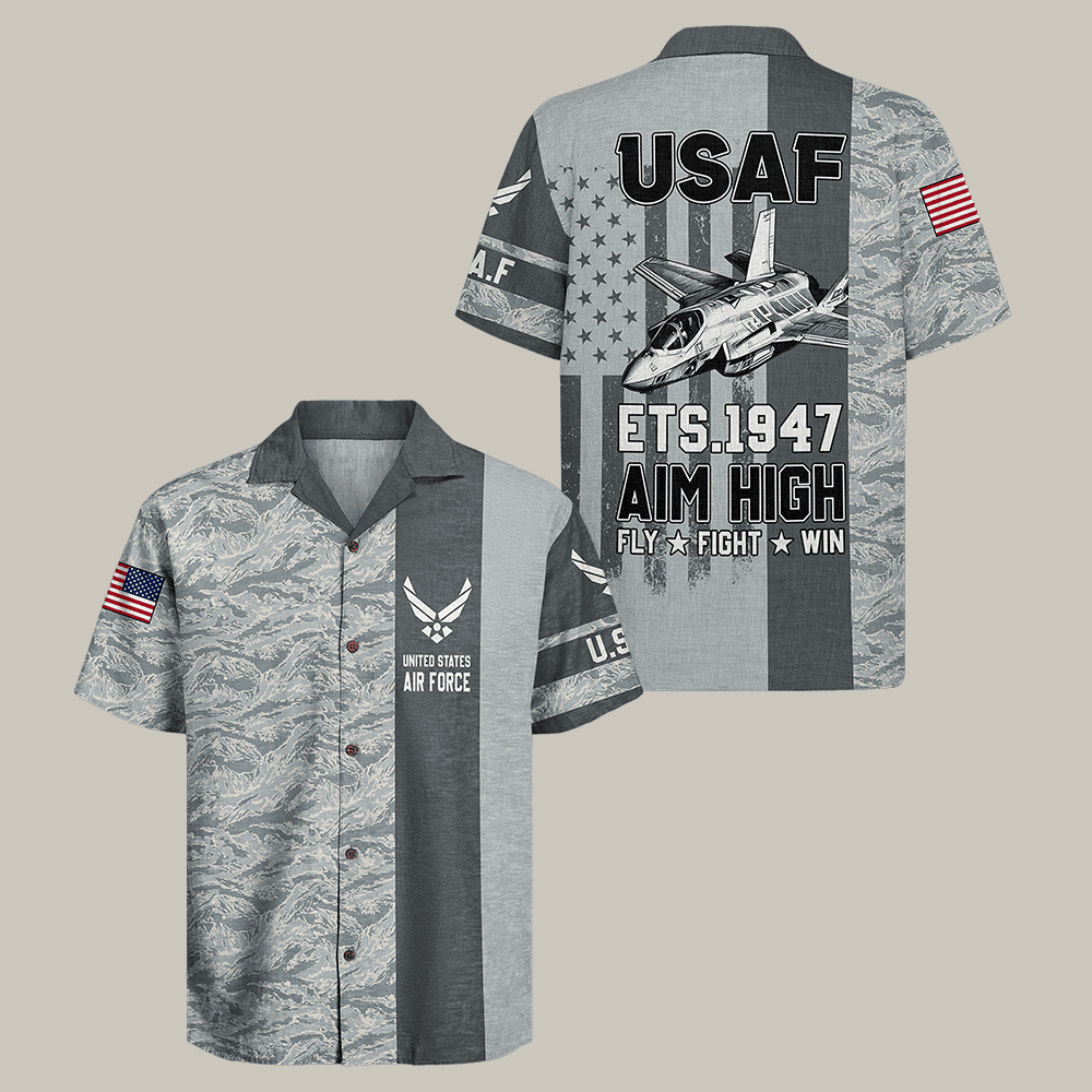 US Air Force Hawaiian Shirt Aim High Fly Fight Win USAF Shirt Unique Veteran Gift