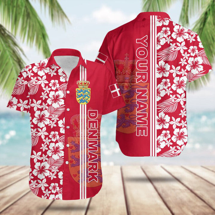 Custom Denmark Coat Of Arms Hibiscus Pattern Hawaiian Shirt Gifts For Someone In Denmark