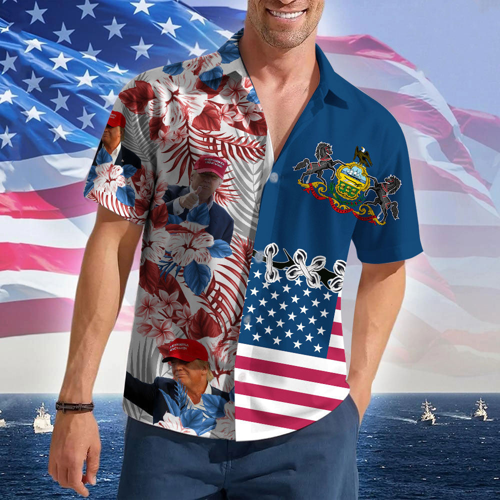 Pennsylvania For Trump 2024 Hawaiian Shirt MAGA Merch Pro Trump Summer Button Up Shirts For Men