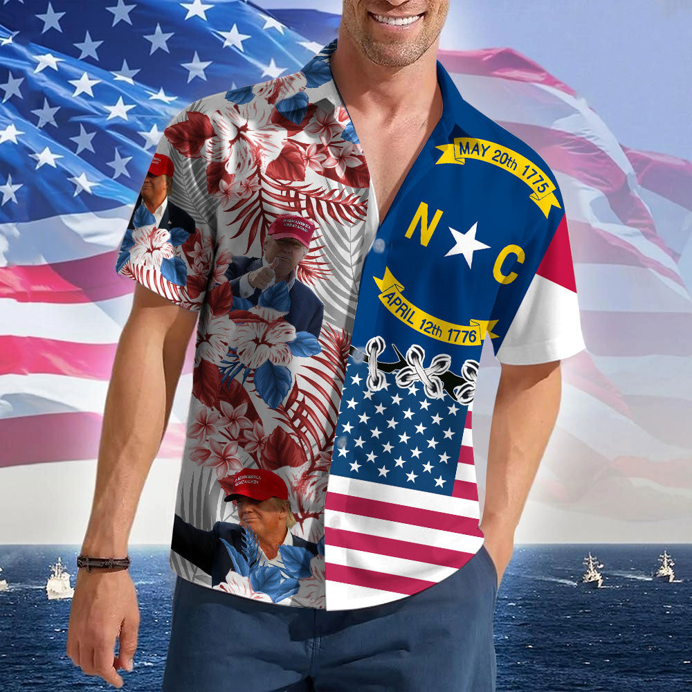 North Carolina For Trump 2024 Hawaiian Shirt Vote Trump For President Mens Summer Button Ups