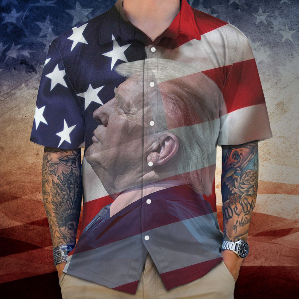 Trump American Flag Hawaiian Shirt Pro Trump 2024 Patriotic Button Up Shirt MAGA Merch