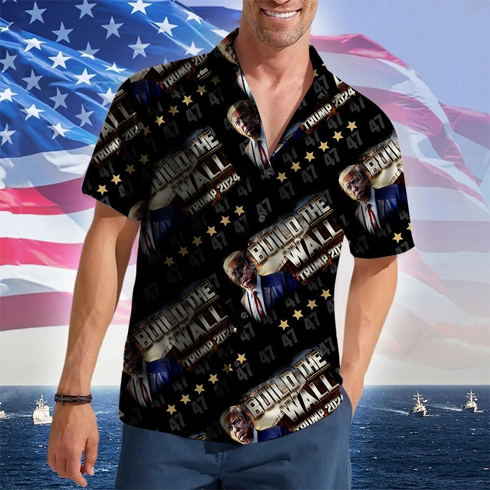 Build The Wall Trump 2024 Hawaiian Shirt Support For Donald Trump Button Up Shirt For Men