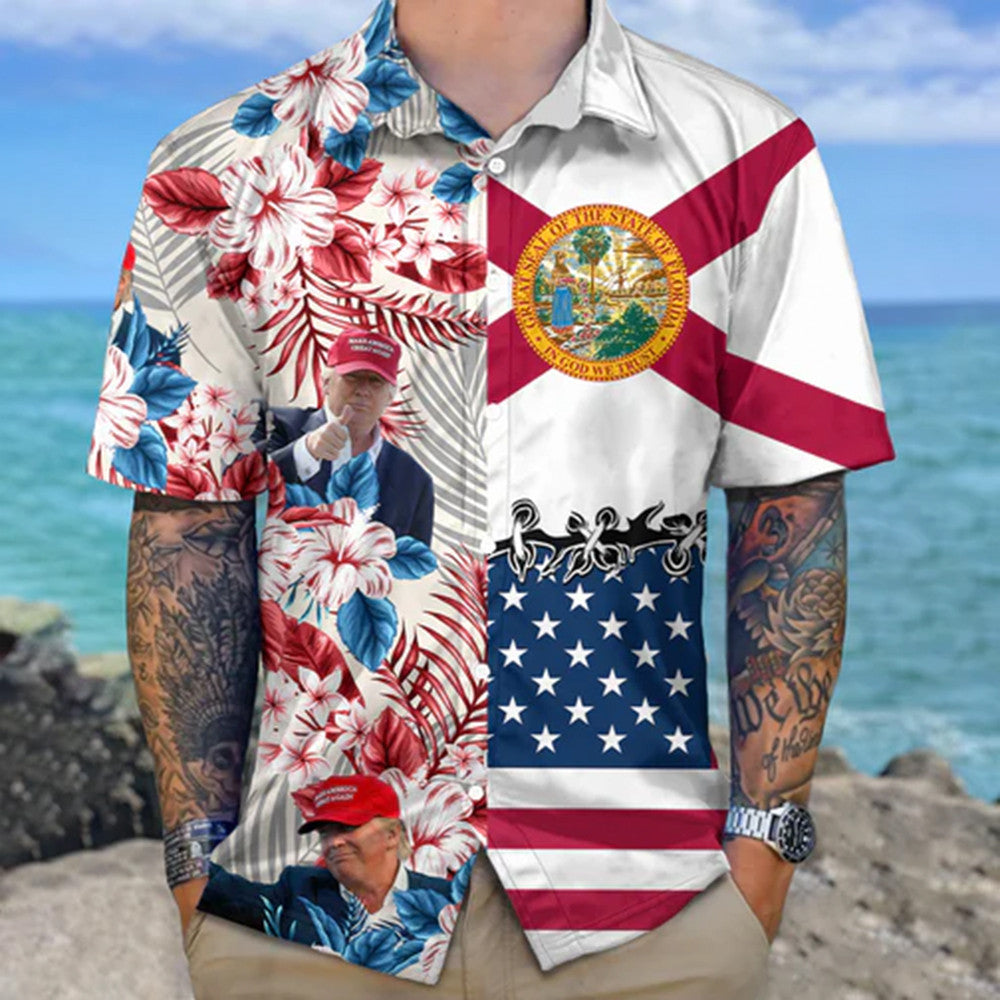 Trump 2024 Florida And American Flag Hawaiian Shirt Florida Support For Donald Trump Shirt