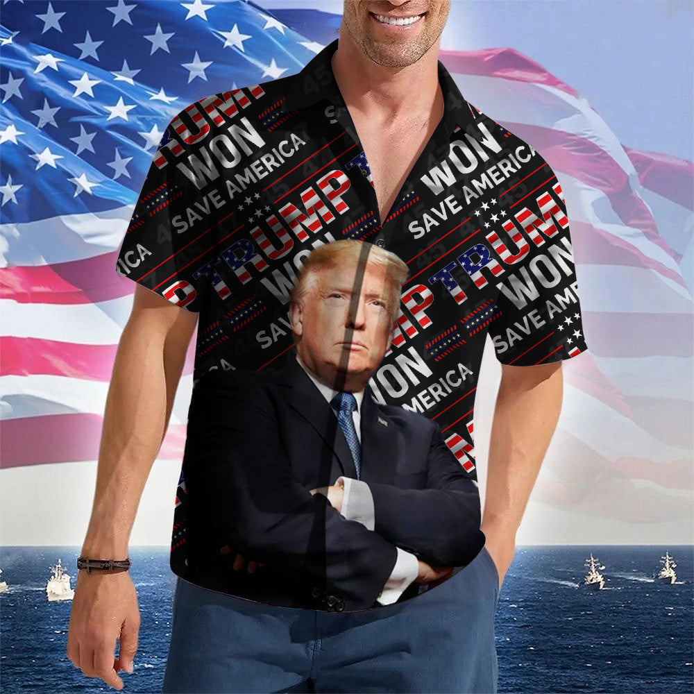 Trump Won Save America Hawaiian Shirt Trump 2024 Merch MAGA Patriotic Button Up Shirt For Men's