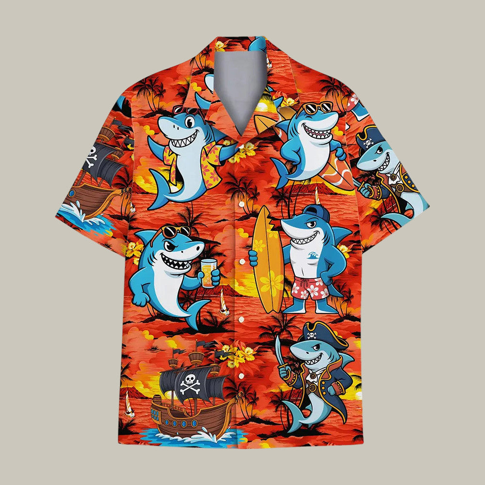 Funny Shark Hawaiian Shirt Pirate Surfer Tropical Summer Party Ocean Shirt Gift For Him