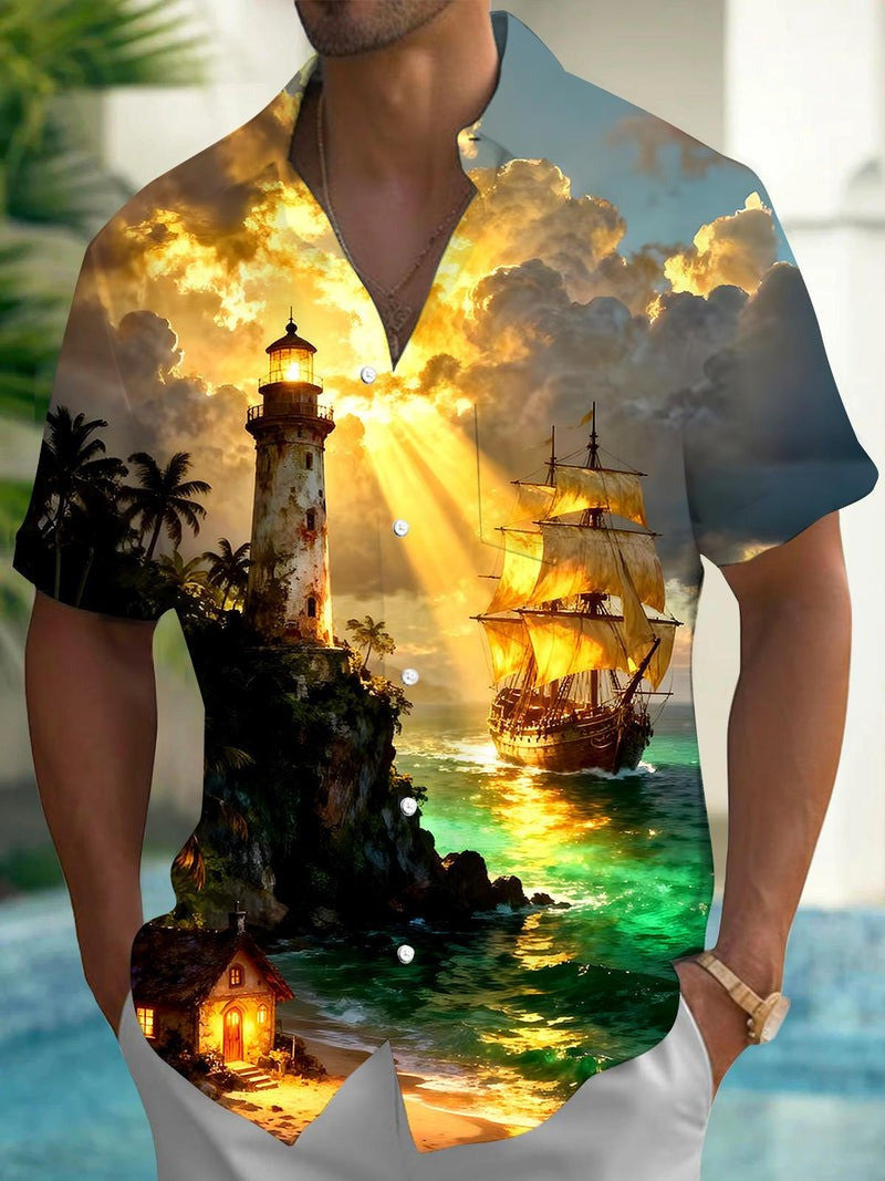 Lighthouse Boat Hawaiian Shirt Nautical Aloha Shirt Father's Day Gifts For Husband