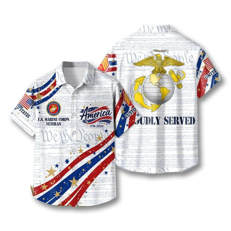US Marine Corps Veteran USA 250th Anniversary Hawaiian Shirt Proudly Served USMC Merch 2026