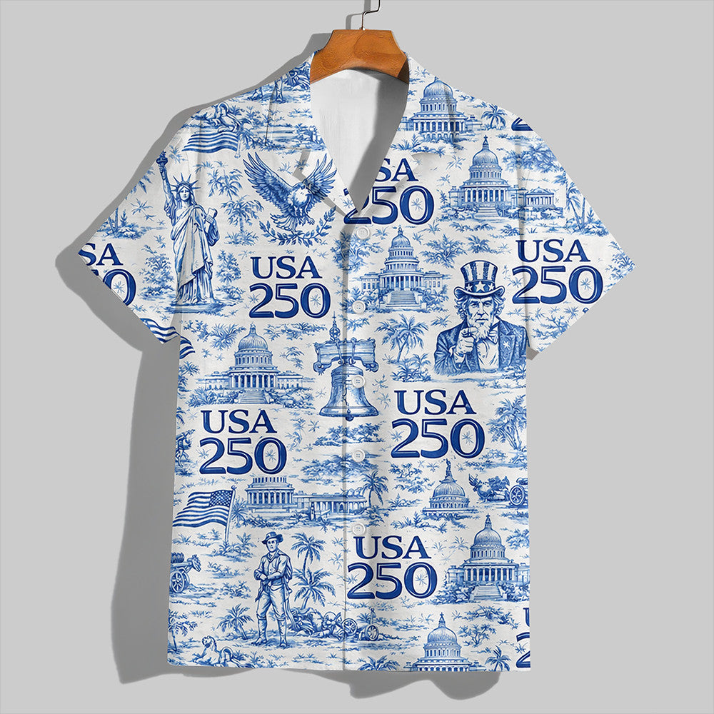 USA 250th Anniversary Toile De Jouy Style Hawaiian Shirt July 4 Attire Gifts For Patriots