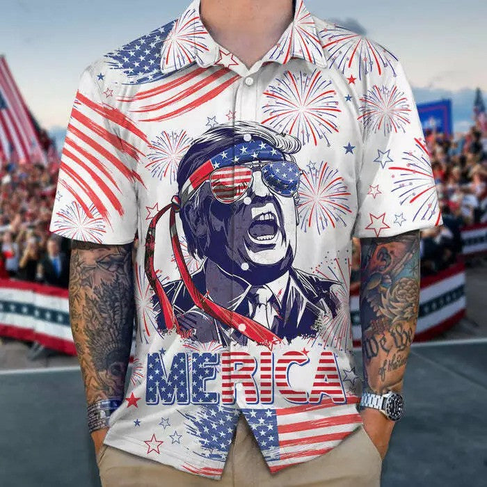 Mens Trump Merica 4th Of July Hawaiian Shirt Patriotic America Independence Day Apparel Gift For Dad
