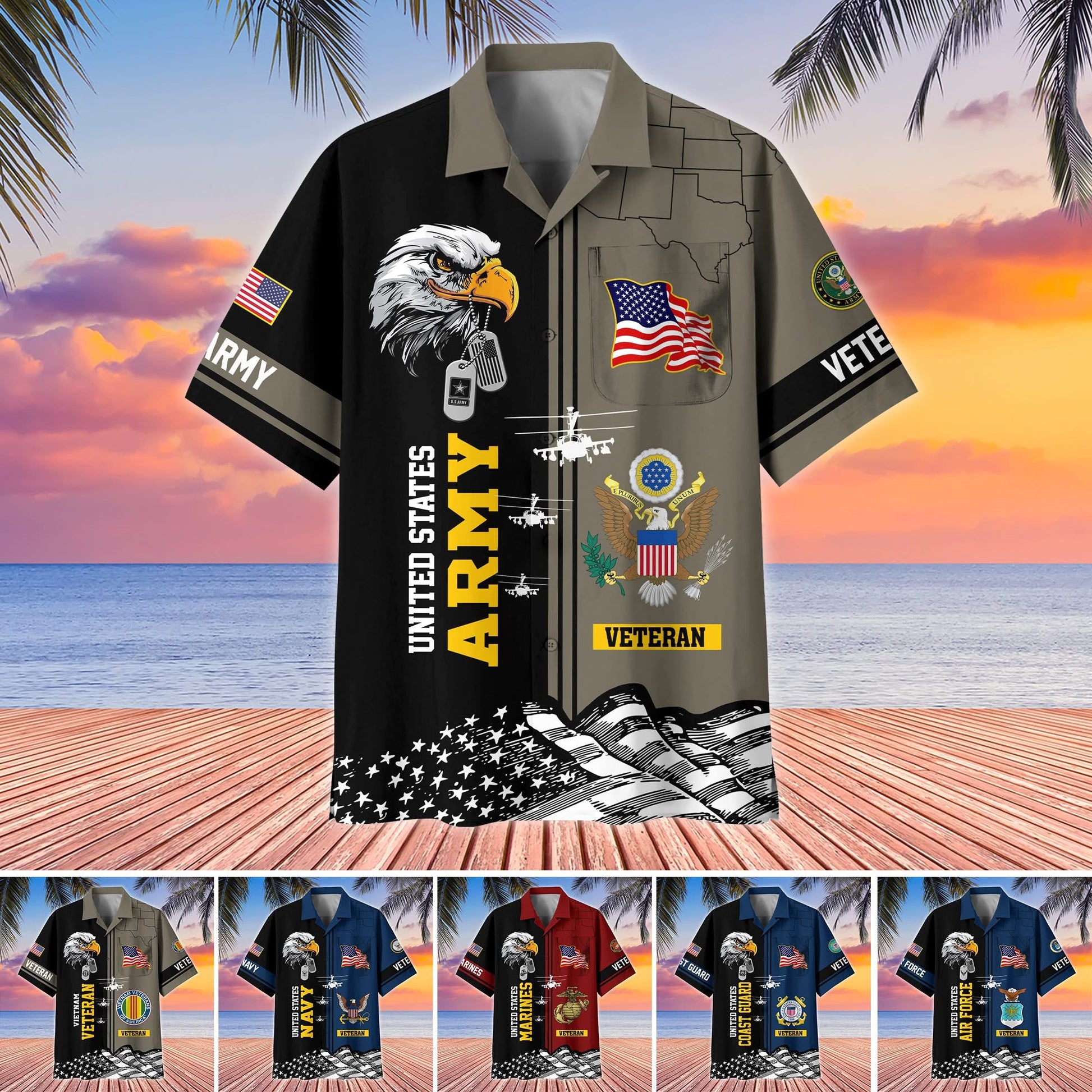 Custom Eagle US Veterans Hawaiian Shirt Armed Forces Patriotic Veterans Aloha Shirt Presents