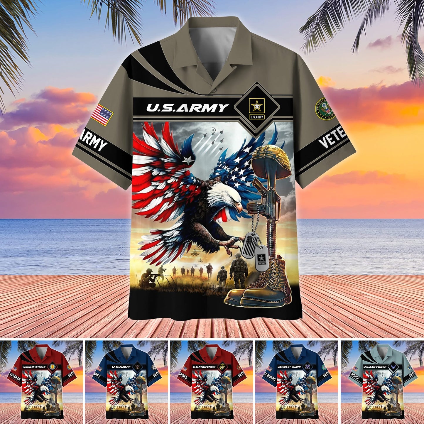 Custom Eagle US Veterans Hawaiian Shirt Armed Forces Patriotic Veterans Clothing Unique