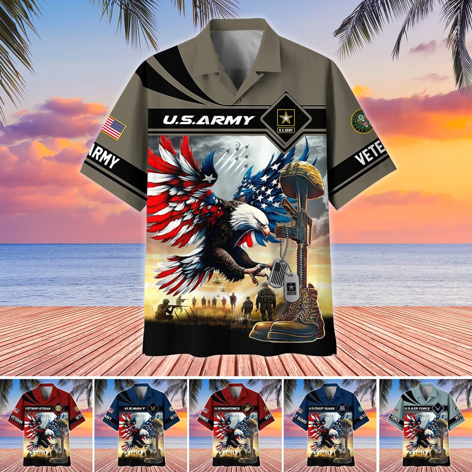 Custom Eagle US Veterans Hawaiian Shirt Armed Forces Patriotic Veterans Clothing Unique