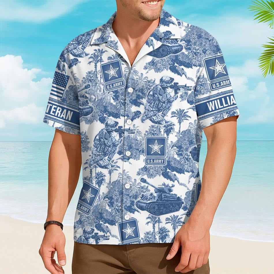 Custom US Army Hawaiian Shirt Blue Toile De Jouy Pattern Military Best Gifts For Veterans