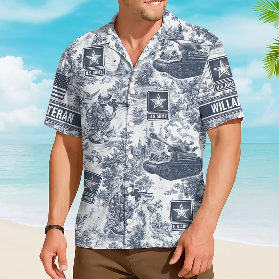 Personalized US Army Hawaiian Shirt Toile De Jouy Pattern Gift For Veteran Summer 2025