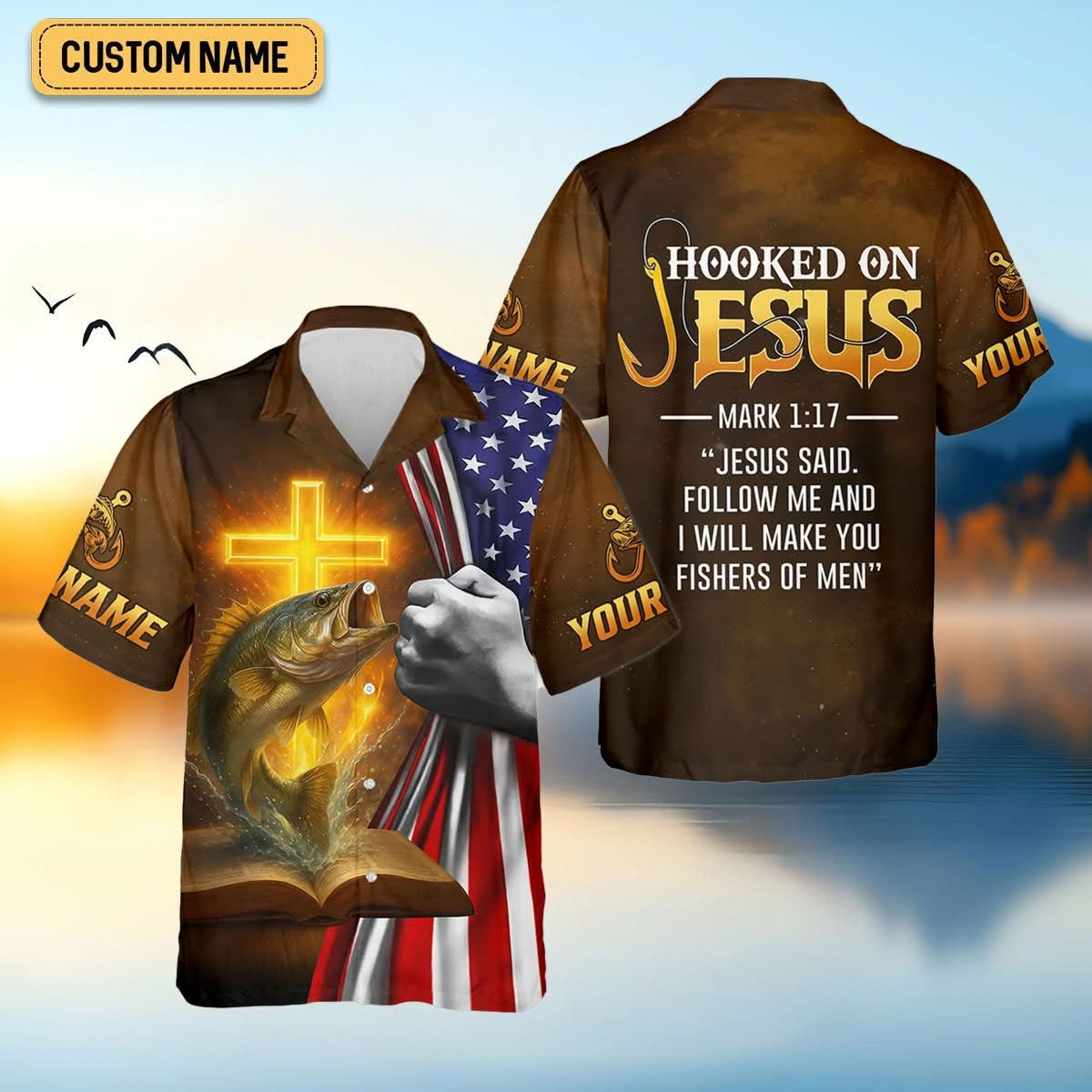 Custom Fishing Hooked On Jesus Hawaiian Shirt American Flag Personalized Fishing Gifts
