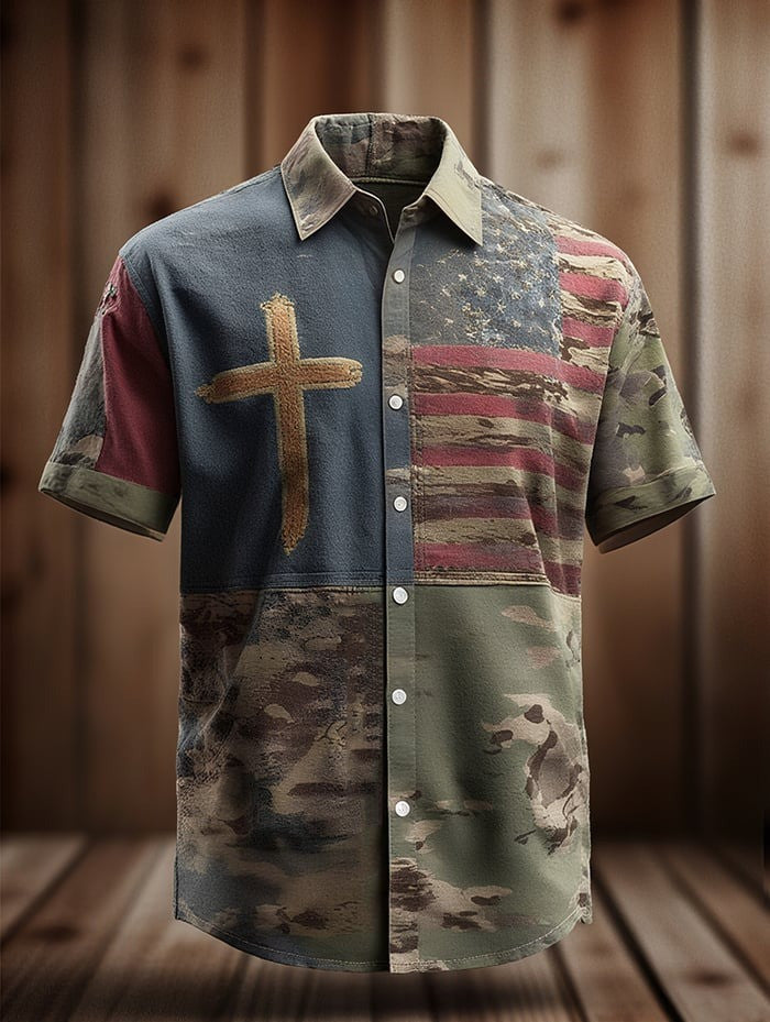 Holy Cross American Patriotic Camo Hawaiian Shirt Lord And Savior Christian Veteran Gift