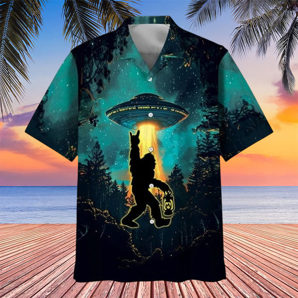 Bigfoot Alien Camping Night Hawaiian Shirt UFO Sci-Fi Shirt Bigfoot Themed Gifts