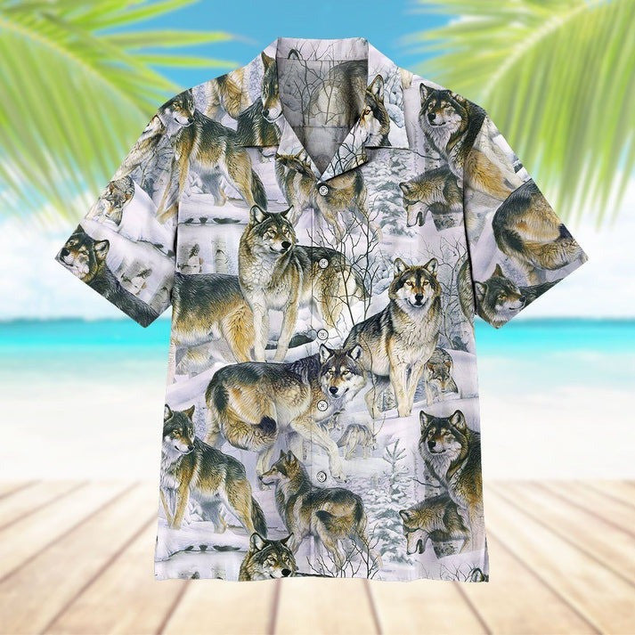 Wolf Winter Hawaiian Shirt Snowy Forest Button Up Shirt Wolf Christmas Presents