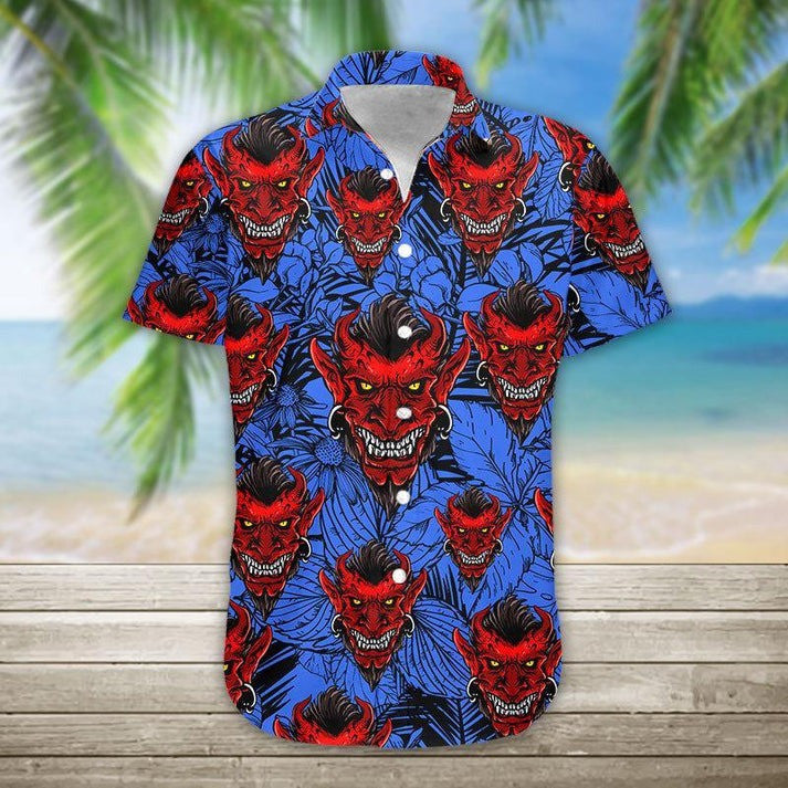 Satan Hawaiian Shirt Red Devil Skull Head Button Up Shirt Gifts For Men