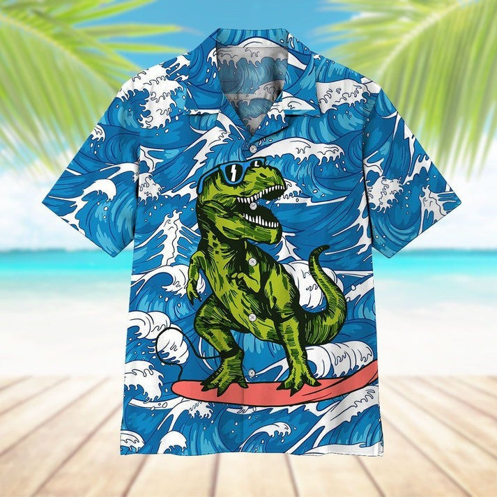 T Rex Dinosaur Surfing Hawaii Shirt Funny Button Up Shirt Dinosaur Themed Gifts