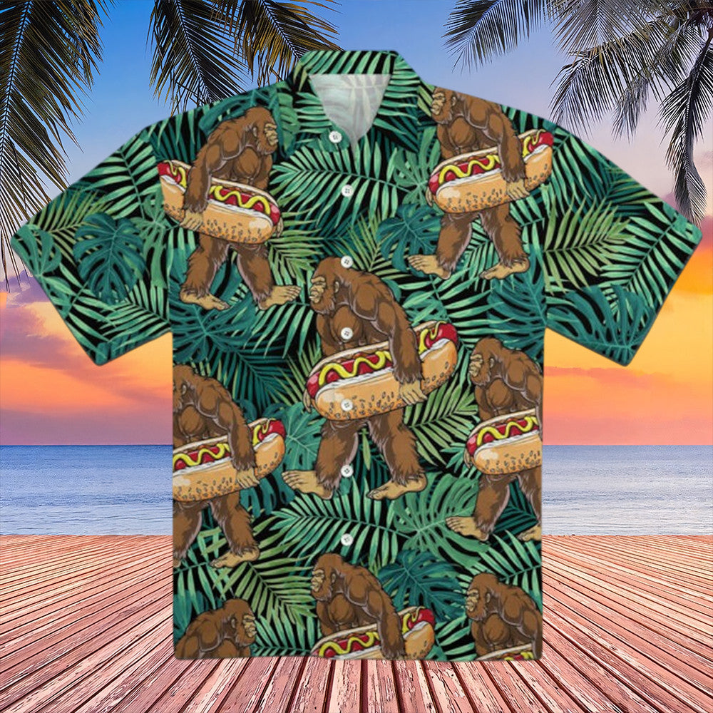 Bigfoot Hot Dog Tropical Hawaiian Shirt Funny Aloha Shirt Gifts For Sasquatch Lovers