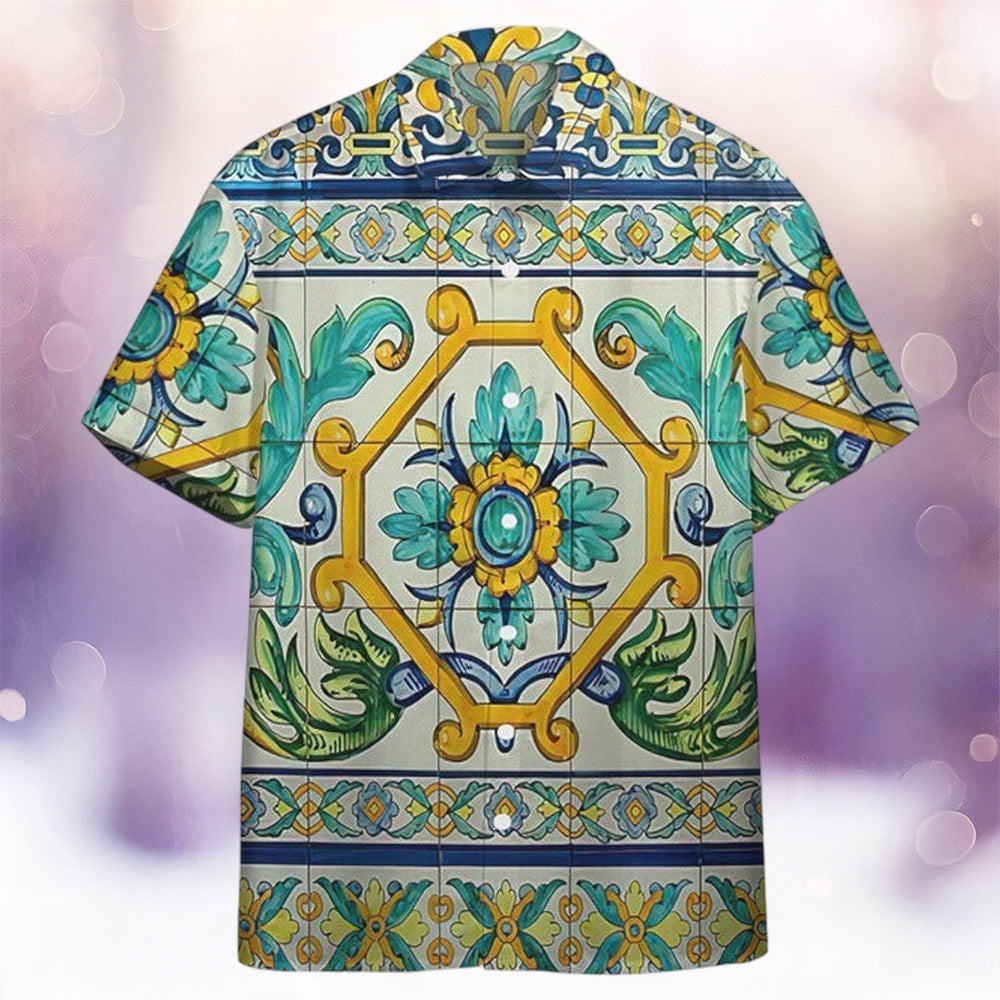 Majolica Tiles Floral Hawaiian Shirt Italian Pattern Button Up Shirt For Sale