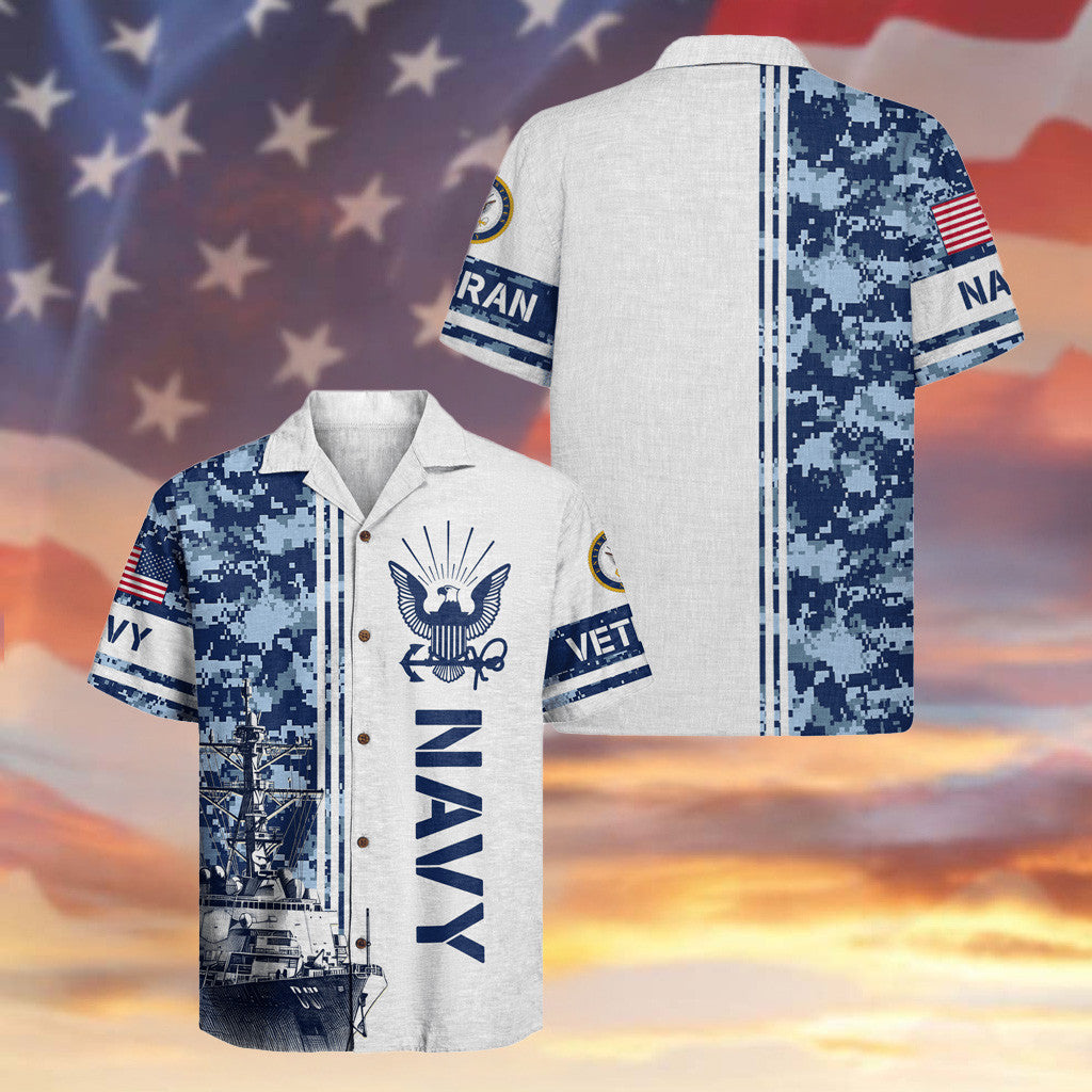United States Navy Veteran Hawaiian Shirt 250th Anniversary Battleship Camo Clothing Gifts