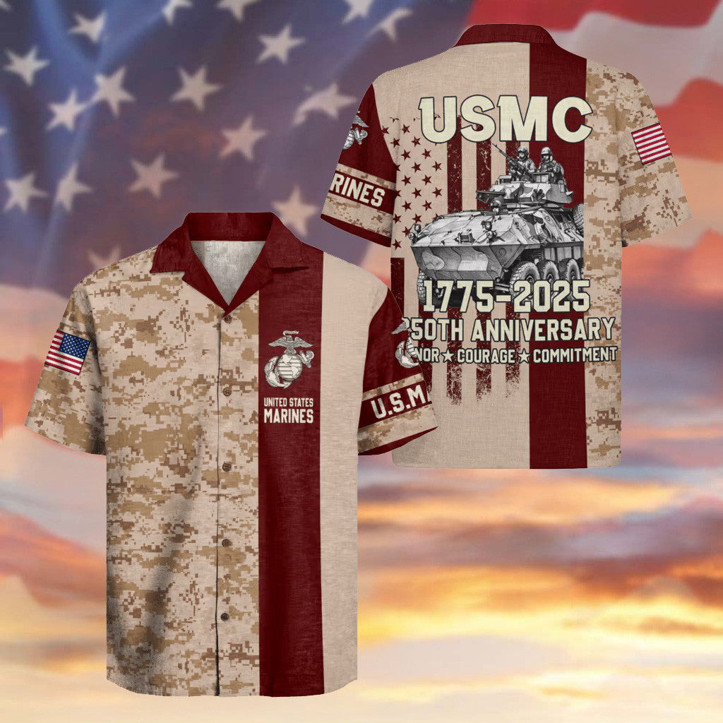 US Marine Veteran 250th Anniversary Hawaiian Shirt USA Flag Military Clothes Xmas Gifts
