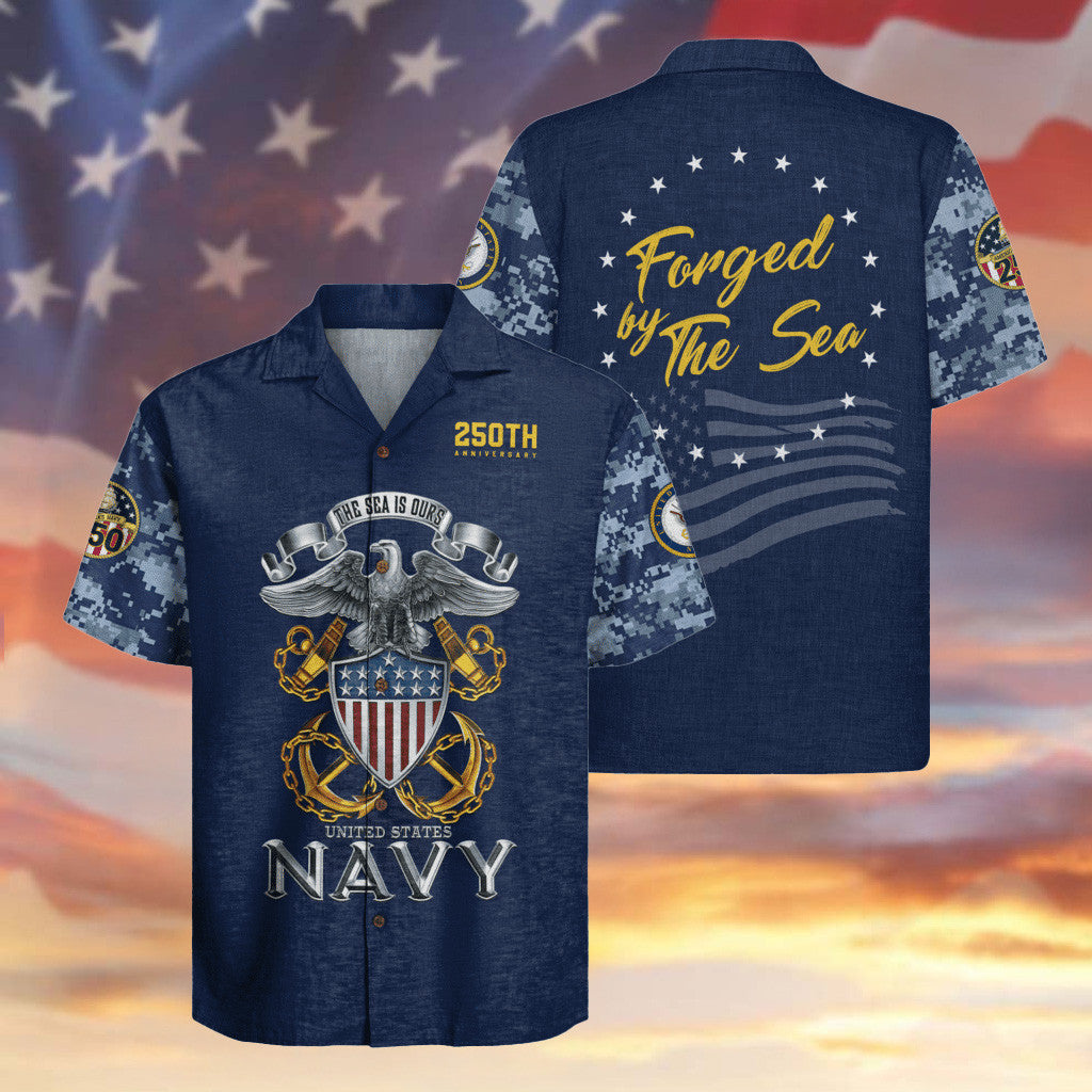 US Navy 250th Anniversary Hawaiian Shirt Forged By The Sea Merch Gifts For Navy Sailors
