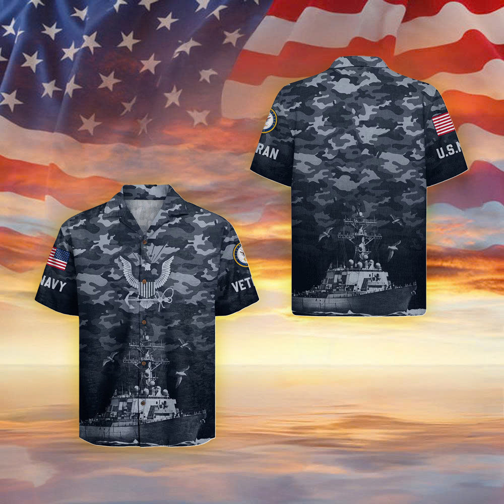 United States Navy Veteran Camo Hawaiian Shirt Military Retirement Shirt US Navy Merch