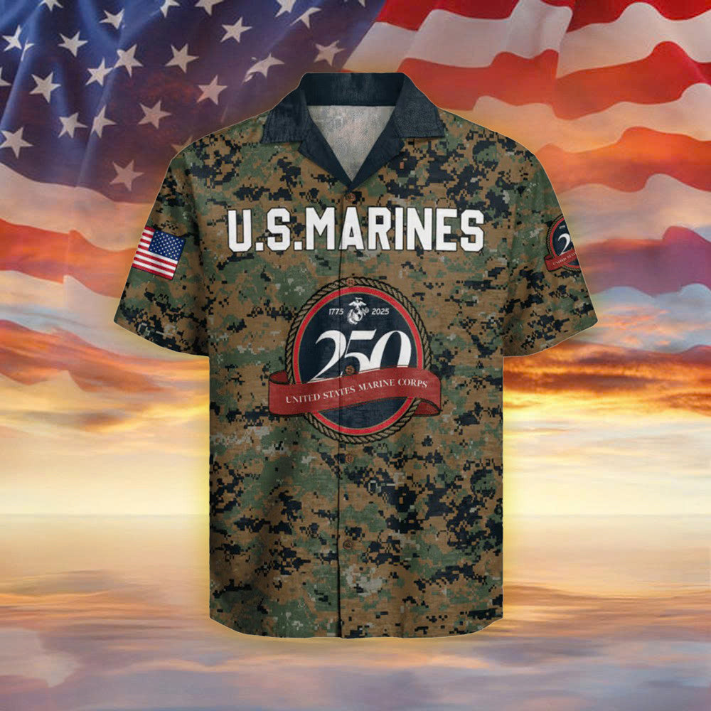 US Marines 250Th Anniversary Camo Hawaiian Shirt 1775 2025 USMC Clothing Gifts For Marines