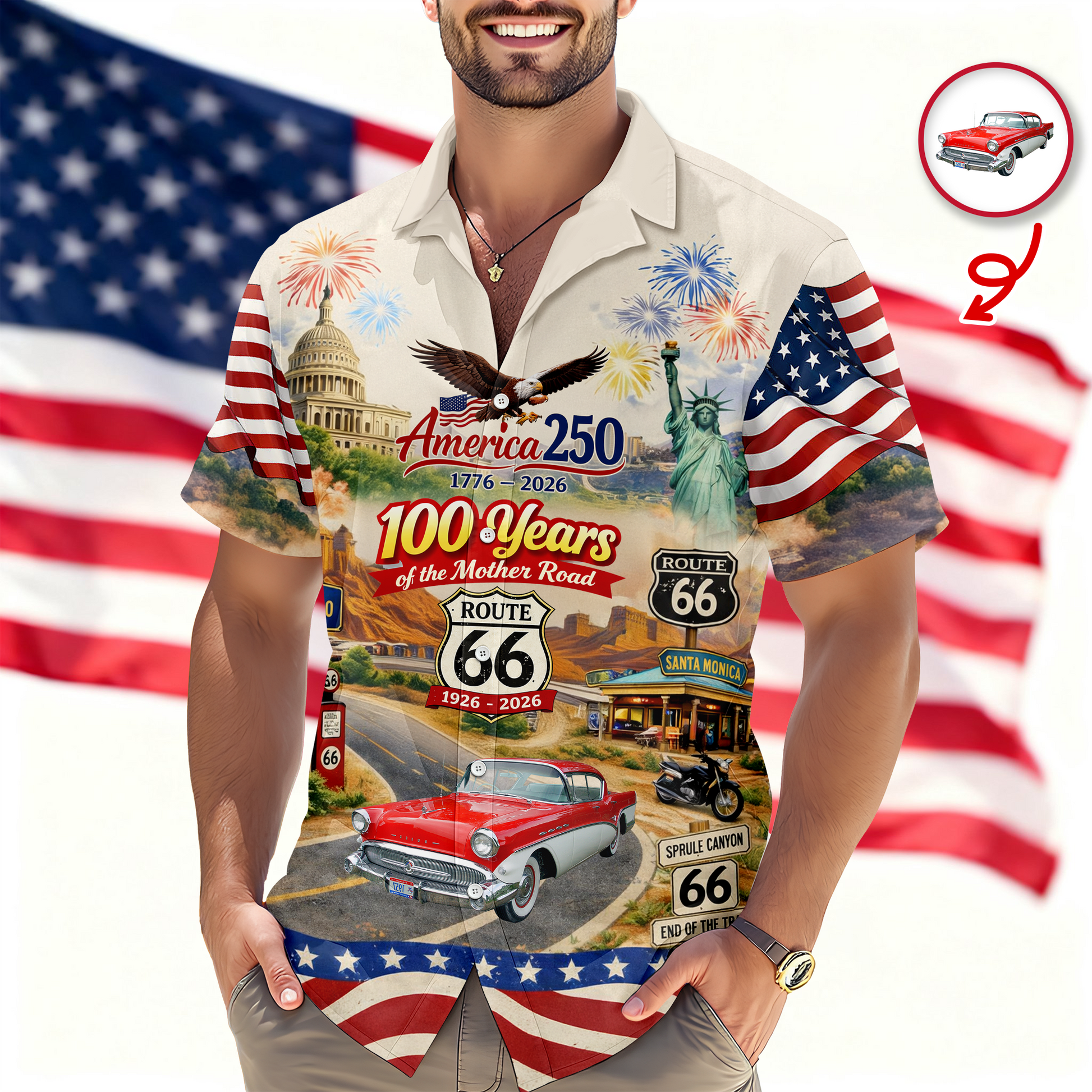 Custom Photo 100 Years Of Route 66 Hawaiian Shirt 4 Th Of July Clothes Gift For Patriots